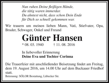 Traueranzeige von Günter Hansen  von Magdeburger Volksstimme