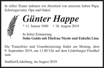 Traueranzeige von Günter Happe  von Magdeburger Volksstimme