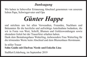 Traueranzeige von Günter Happe  von Magdeburger Volksstimme