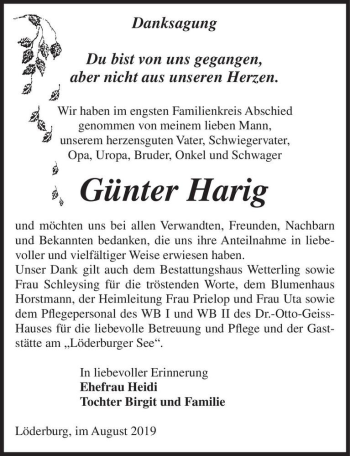 Traueranzeige von Günter Harig  von Magdeburger Volksstimme
