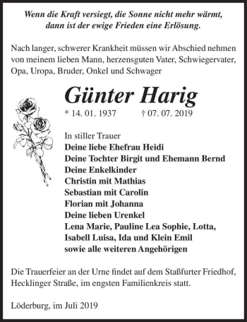 Traueranzeige von Günter Harig  von Magdeburger Volksstimme