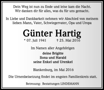 Traueranzeige von Günter Hartig  von Magdeburger Volksstimme