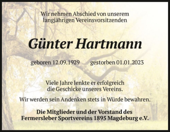 Traueranzeige von Günter Hartmann  von Magdeburger Volksstimme