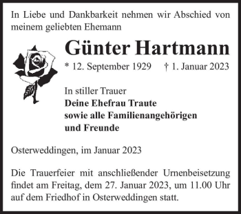 Traueranzeige von Günter Hartmann  von Magdeburger Volksstimme