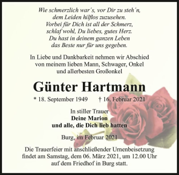 Traueranzeige von Günter Hartmann  von Magdeburger Volksstimme