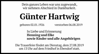 Traueranzeige von Günter Hartwig  von Magdeburger Volksstimme