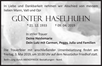 Traueranzeige von Günter Haselhuhn  von Magdeburger Volksstimme