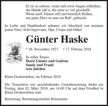 Traueranzeige von Günter Haske  von Magdeburger Volksstimme