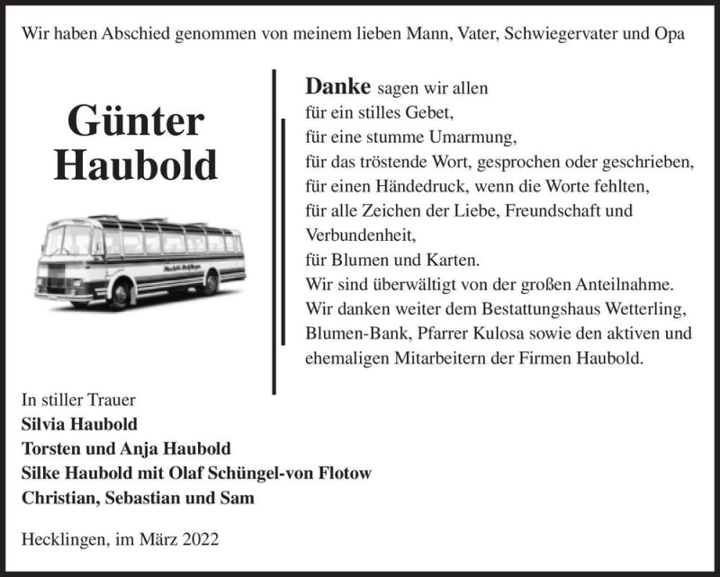  Traueranzeige für Günter Haubold  vom 12.03.2022 aus Magdeburger Volksstimme