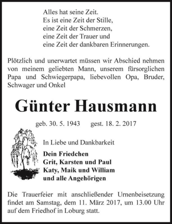 Traueranzeige von Günter Hausmann  von Magdeburger Volksstimme