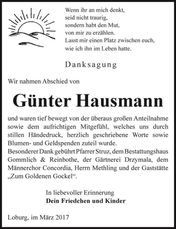 Traueranzeige von Günter Hausmann  von Magdeburger Volksstimme