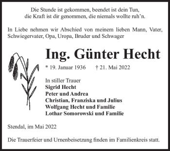 Traueranzeige von Günter Hecht  von Magdeburger Volksstimme