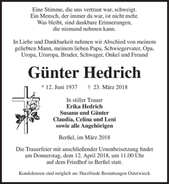 Traueranzeige von Günter Hedrich  von Magdeburger Volksstimme