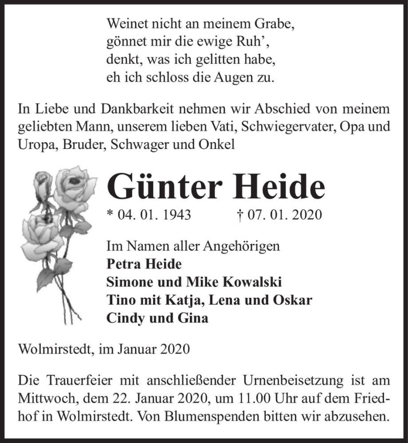  Traueranzeige für Günter Heide  vom 11.01.2020 aus Magdeburger Volksstimme