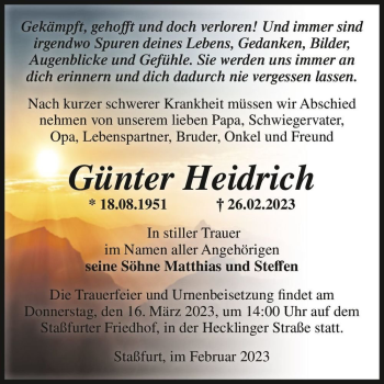 Traueranzeige von Günter Heidrich  von Magdeburger Volksstimme