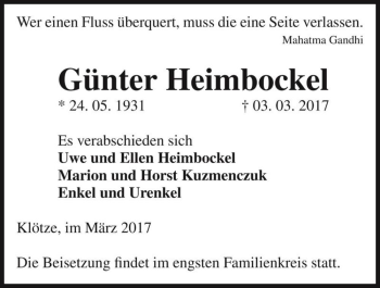 Traueranzeige von Günter Heimbockel  von Magdeburger Volksstimme
