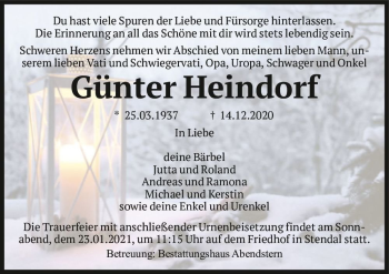 Traueranzeige von Günter Heindorf  von Magdeburger Volksstimme