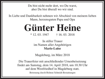 Traueranzeige von Günter Heine  von Magdeburger Volksstimme