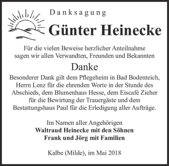 Traueranzeige von Günter Heinecke  von Magdeburger Volksstimme