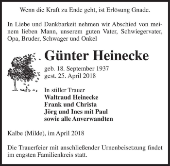 Traueranzeige von Günter Heinecke  von Magdeburger Volksstimme