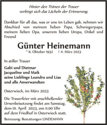 Traueranzeige von Günter Heinemann  von Magdeburger Volksstimme