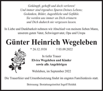 Traueranzeige von Günter Heinrich Wegeleben  von Magdeburger Volksstimme