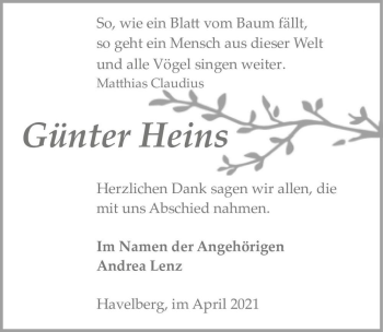 Traueranzeige von Günter Heins  von Magdeburger Volksstimme