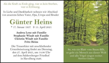 Traueranzeige von Günter Heins  von Magdeburger Volksstimme