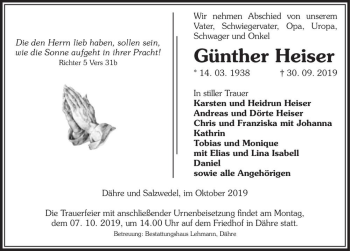 Traueranzeige von Günter Heiser  von Magdeburger Volksstimme