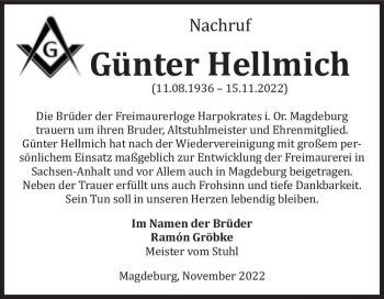 Traueranzeige von Günter Hellmich  von Magdeburger Volksstimme