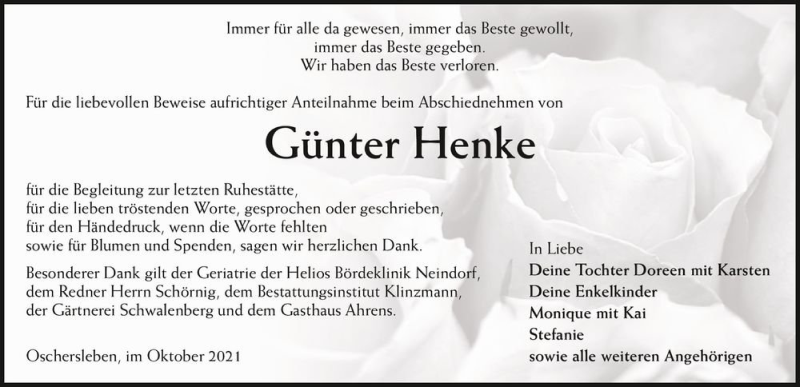  Traueranzeige für Günter Henke  vom 16.10.2021 aus Magdeburger Volksstimme