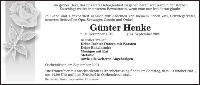  Traueranzeige für Günter Henke  vom 25.09.2021 aus Magdeburger Volksstimme