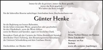 Traueranzeige von Günter Henke  von Magdeburger Volksstimme