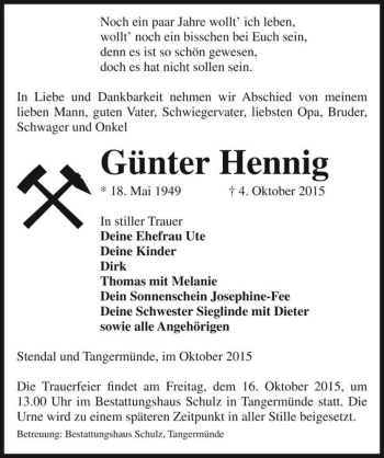 Traueranzeige von Günter Hennig  von Magdeburger Volksstimme