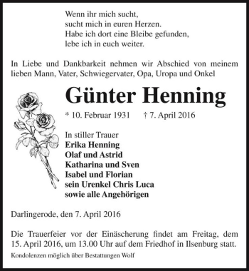 Traueranzeige von Günter Henning  von Magdeburger Volksstimme