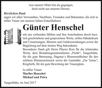 Traueranzeige von Günter Henschel  von Magdeburger Volksstimme