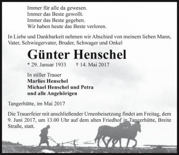 Traueranzeige von Günter Henschel  von Magdeburger Volksstimme