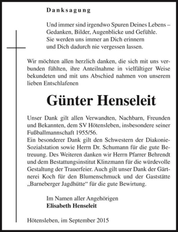 Traueranzeige von Günter Henseleit  von Magdeburger Volksstimme