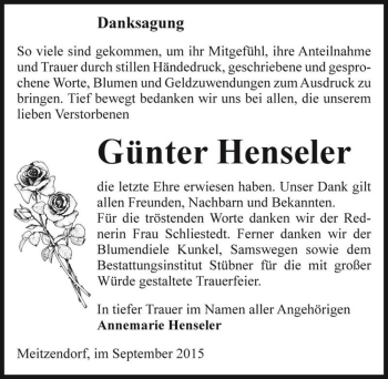 Traueranzeige von Günter Henseler  von Magdeburger Volksstimme