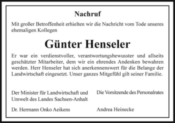 Traueranzeige von Günter Henseler  von Magdeburger Volksstimme