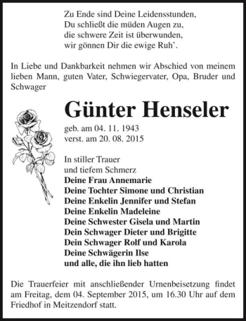 Traueranzeige von Günter Henseler  von Magdeburger Volksstimme