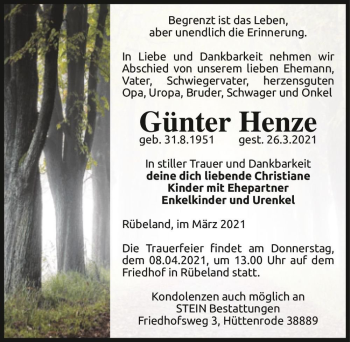 Traueranzeige von Günter Henze  von Magdeburger Volksstimme