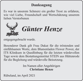 Traueranzeige von Günter Henze  von Magdeburger Volksstimme