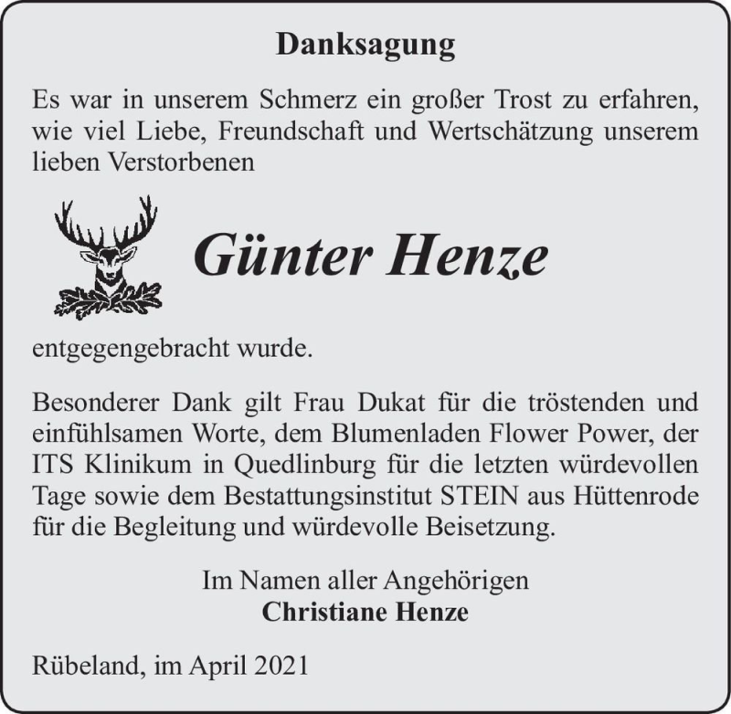  Traueranzeige für Günter Henze  vom 17.04.2021 aus Magdeburger Volksstimme