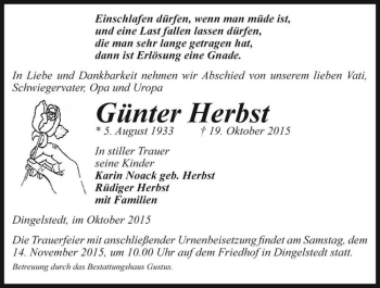 Traueranzeige von Günter Herbst  von Magdeburger Volksstimme