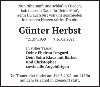 Traueranzeige von Günter Herbst  von Magdeburger Volksstimme