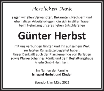 Traueranzeige von Günter Herbst  von Magdeburger Volksstimme