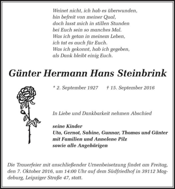 Traueranzeige von Günter Hermann Hans Steinbrink  von Magdeburger Volksstimme