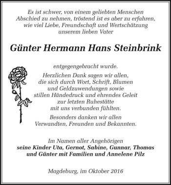 Traueranzeige von Günter Hermann Hans Steinbrink  von Magdeburger Volksstimme