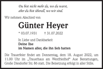 Traueranzeige von Günter Heyer  von Magdeburger Volksstimme